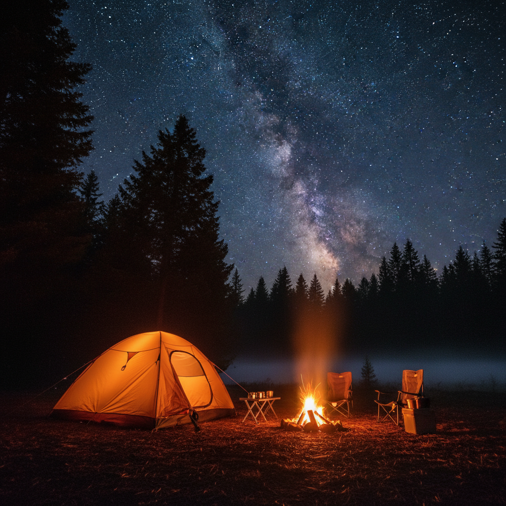 깊은 숲속 은하수 아래에서 주황색 조명이 켜진 감성적인 텐트와 타닥타닥 타오르는 모닥불이 있는 고요한 밤의 캠핑장 전경.