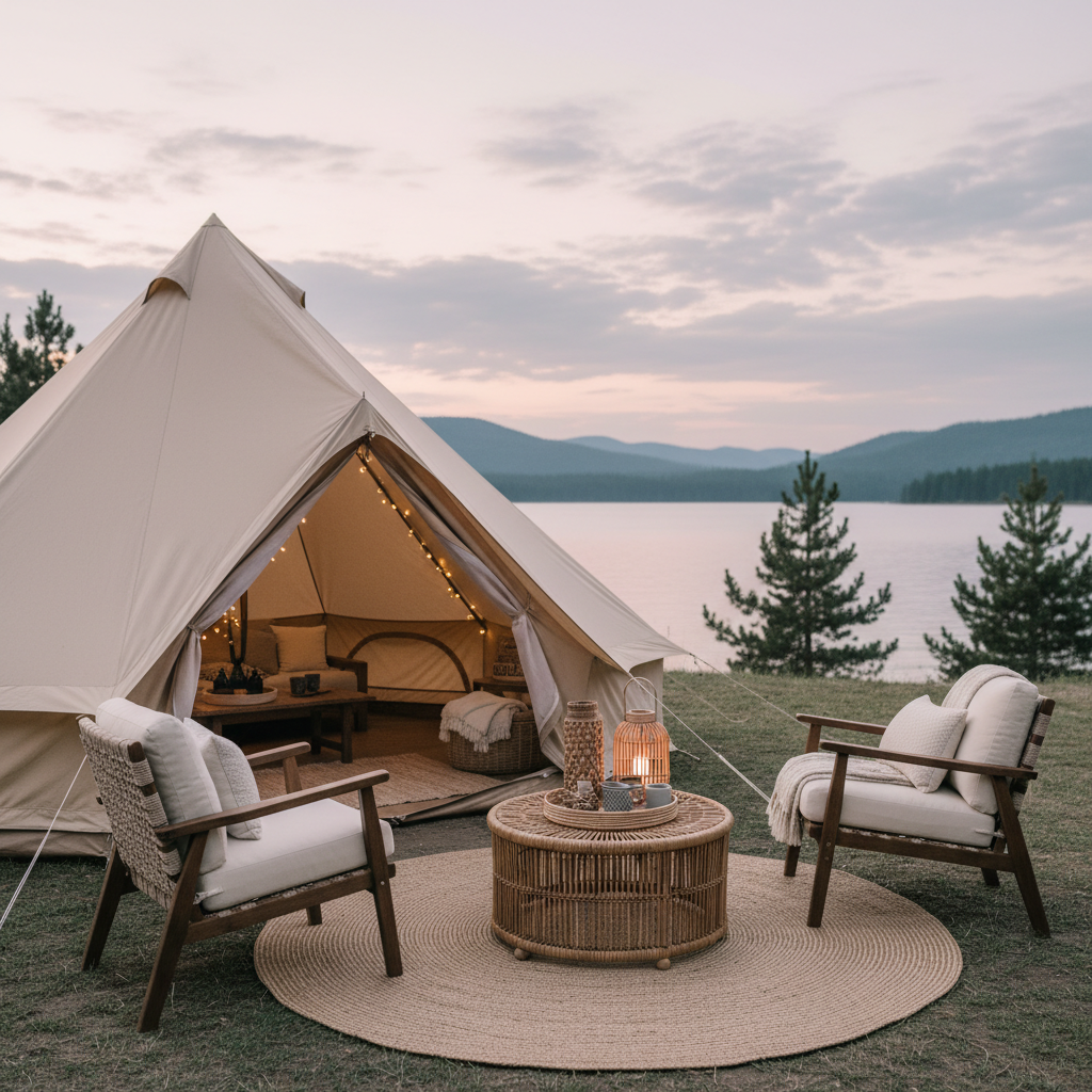 호숫가를 배경으로 설치된 세련된 베이지색 면 텐트와 그 앞에 펼쳐진 안락한 캠핑 의자, 그리고 감성적인 라탄 소품들이 어우러진 풍경.