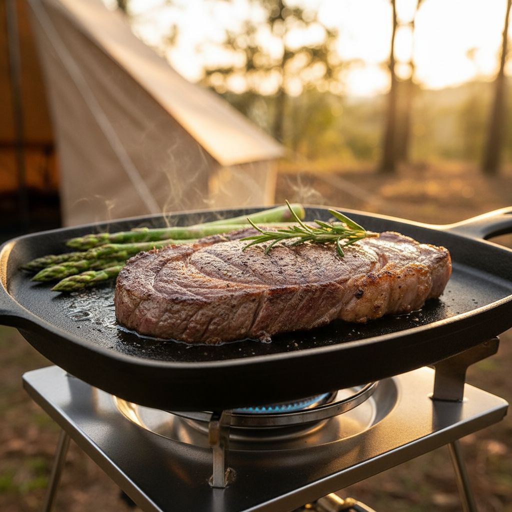 캠핑용 그리들 위에서 지글지글 익어가는 두툼한 스테이크와 신선한 아스파라거스, 로즈마리가 곁들여진 먹음직스러운 캠핑 요리 클로즈업.