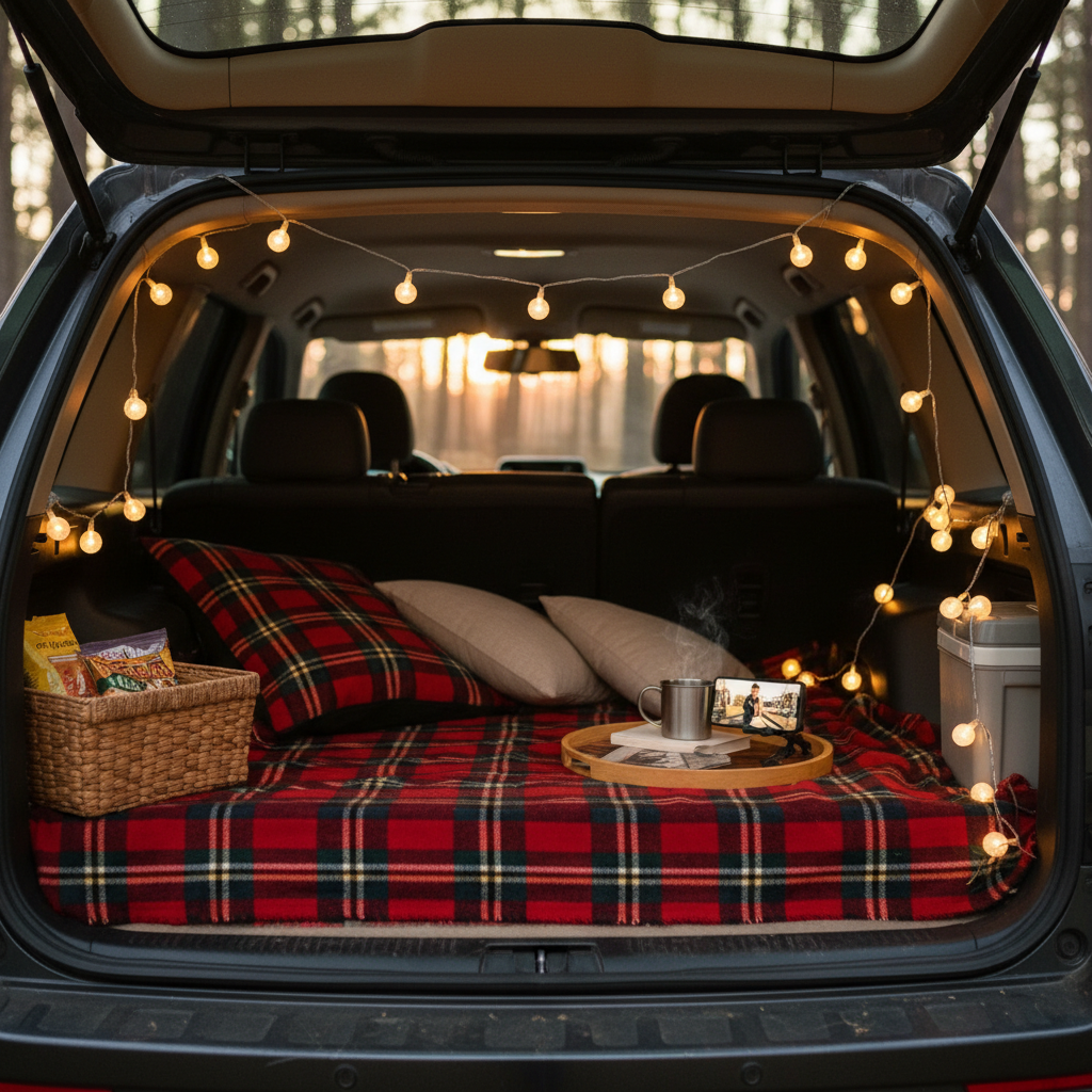 차박을 위해 평탄화된 SUV 트렁크 안쪽에 아늑한 체크무늬 담요와 화이트 톤의 전구 조명이 장식된 감성적인 차박 캠핑 내부 모습.
