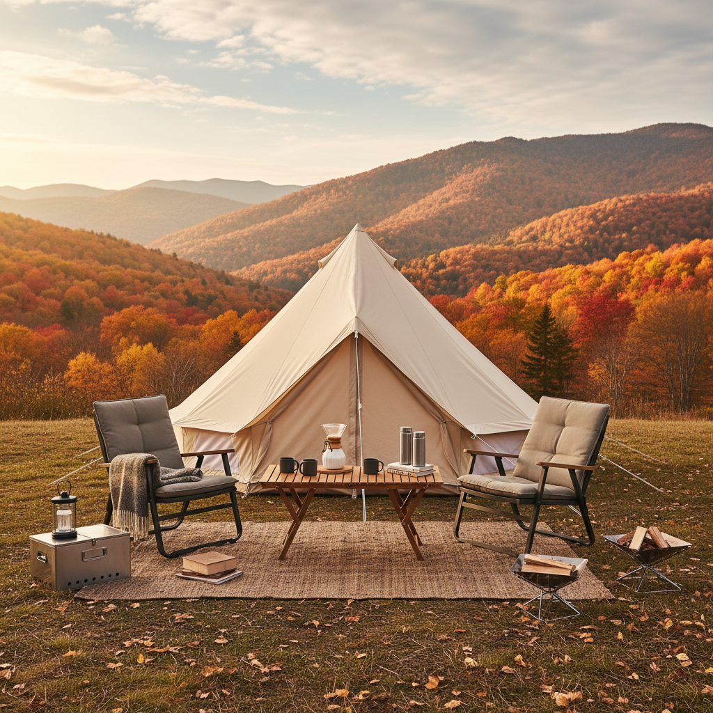 단풍이 든 가을 산을 배경으로 깔끔하게 정리된 최신식 캠핑 장비들과 우드 롤 테이블이 배치된 전문적이고 깔끔한 캠핑 사이트 레이아웃.