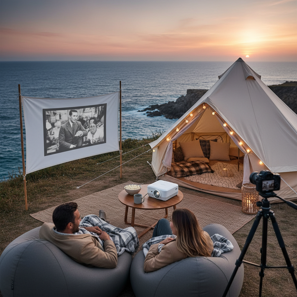푸른 바다가 내려다보이는 해안 절벽 위에서 소형 빔프로젝터로 영화를 감상하며 휴식을 취하는 로맨틱하고 현대적인 캠핑 스타일링.